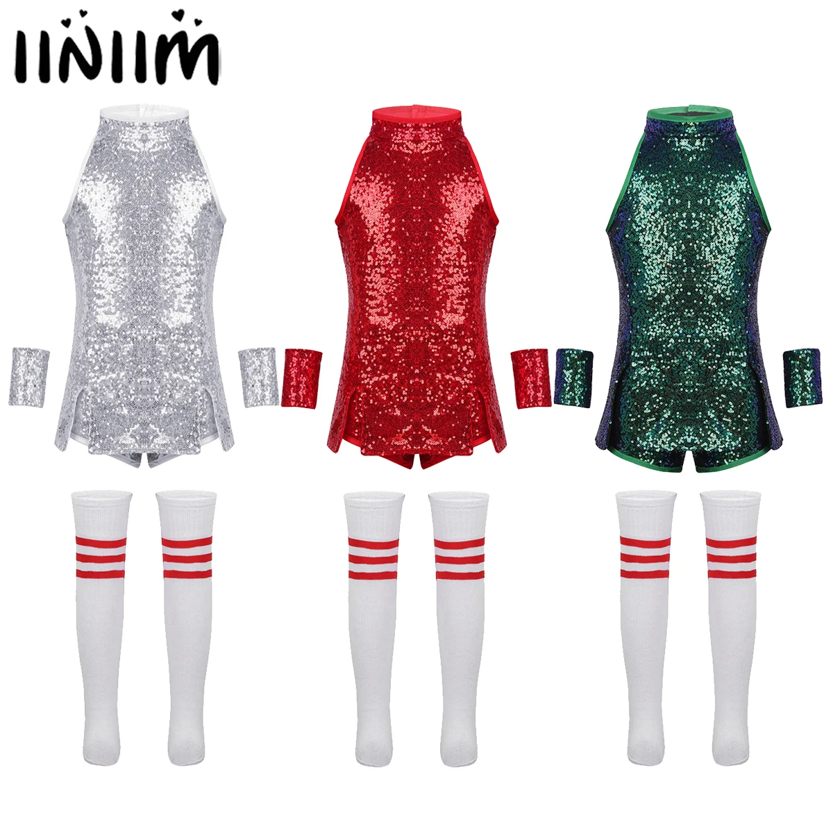 

iiniim Kids Gilrs Ballet Cheerleading Costumes Dancing Dress Shiny Sequins Tops with Socks Street Dancing Party Dancewear