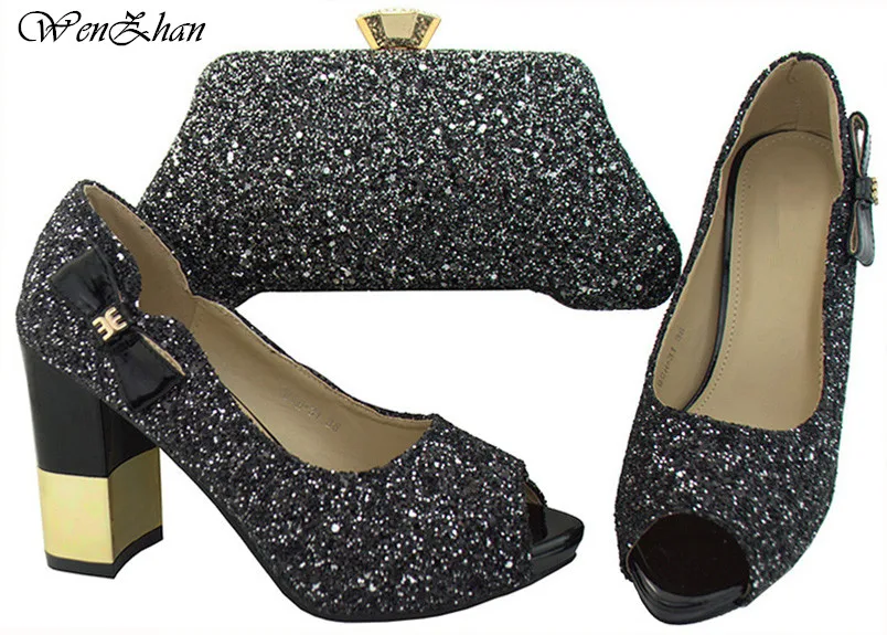 

WENZHAN Black Shining Paillette Italian Shoes With Matching Clutch Bag Sets Open Toe Thick Heel Shoes 9.5cm Women Pumps B712-29