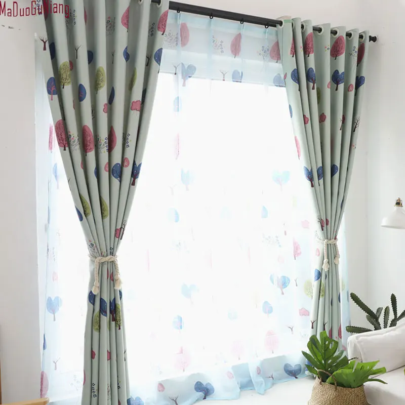 

American Curtain Country Children Bedroom Cortina Tree Leaf Print Curtain Cloth Sheer Window Tulle Fashion Curtain