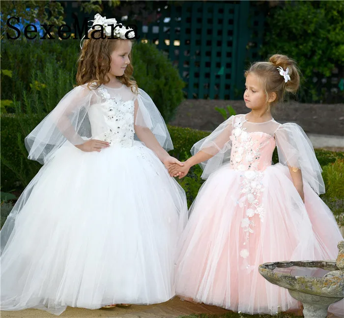 Pink Blush White Flower girl dress Tulle Lace Flower girl dresses Princess Christmas Birthday Party Dress Cute Baby girl dress