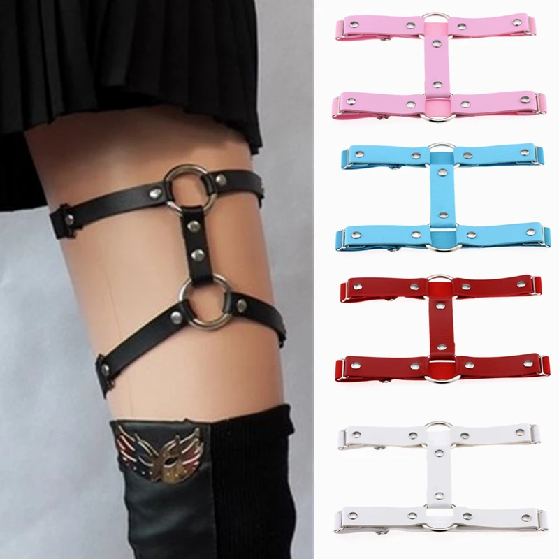 Women Body Leather Harness Leg Strap Suspender Punk Rivet Thigh High Garter Belt