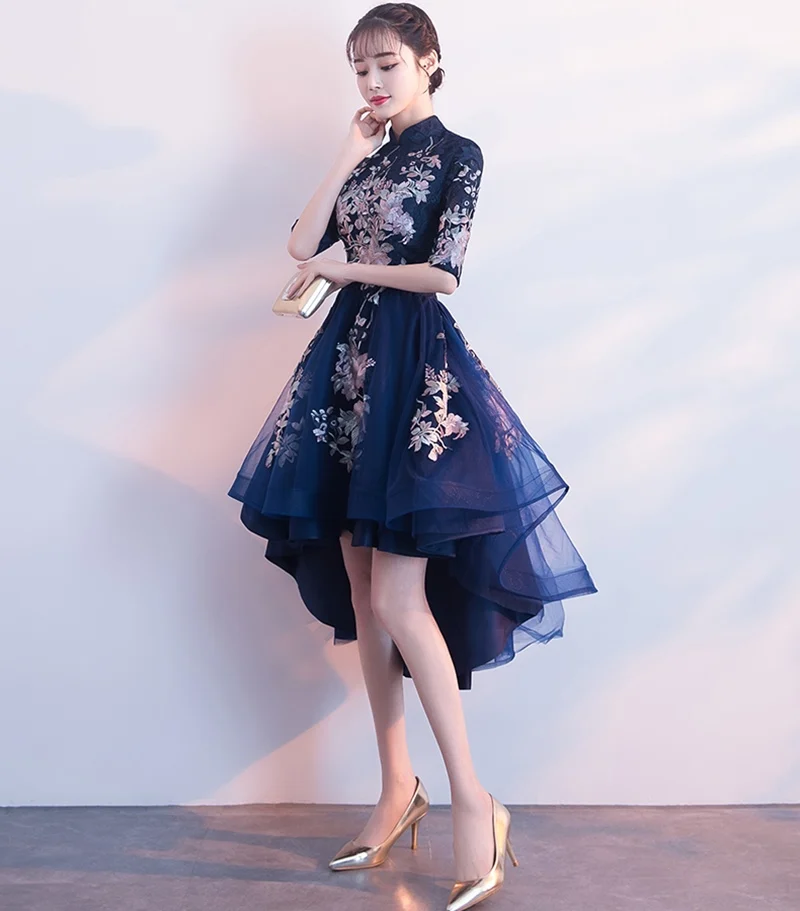 Высокая Низкая Cheongsam Coctail платье миди элегантные китайские платья Цветочная вышивка Vestido Fiesta коктейльное платье Выпускной TS663