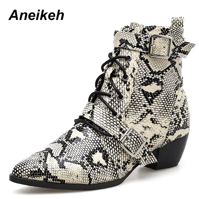 

Aneikeh 2019 New Boots Women Snake Pattern Pointed Toe Low Heel Ankle Boots Winter Autumn Lace Up Shoes Woman Dropshipping