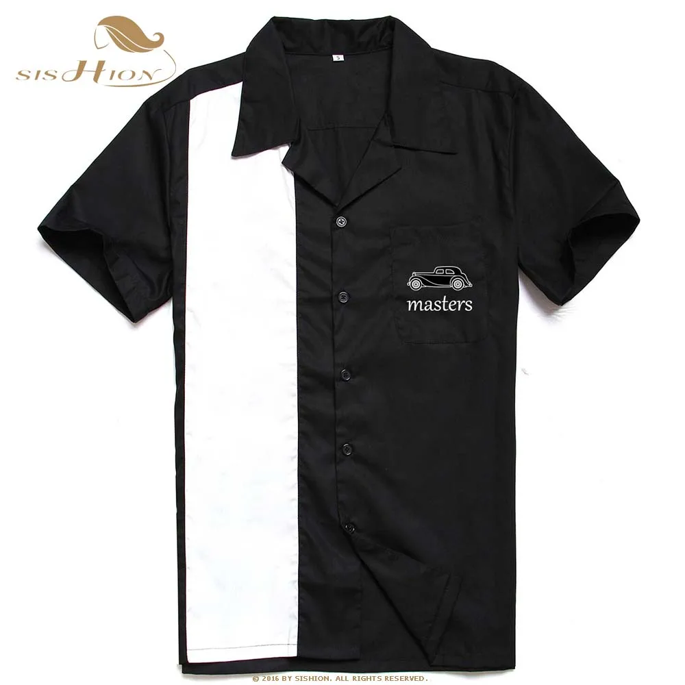 SISHION L-3XL Plus Size Men Shirt ST126 Short Sleeve Black Red Rockabilly Bowling Cotton Casual Shirts for Men camisa masculina