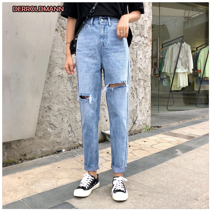 Высокая Талия летние рваные джинсы для женщин прямые джинсовые рваные джинсы для женщин в стиле бойфренд рваные штаны