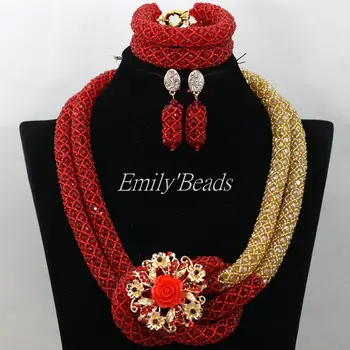 

Luxury Red/Champagne Gold African Beaded Jewelry Set Nigerian Wedding Crystal Beads Necklace Set Women Gift Free Shpping AIJ909
