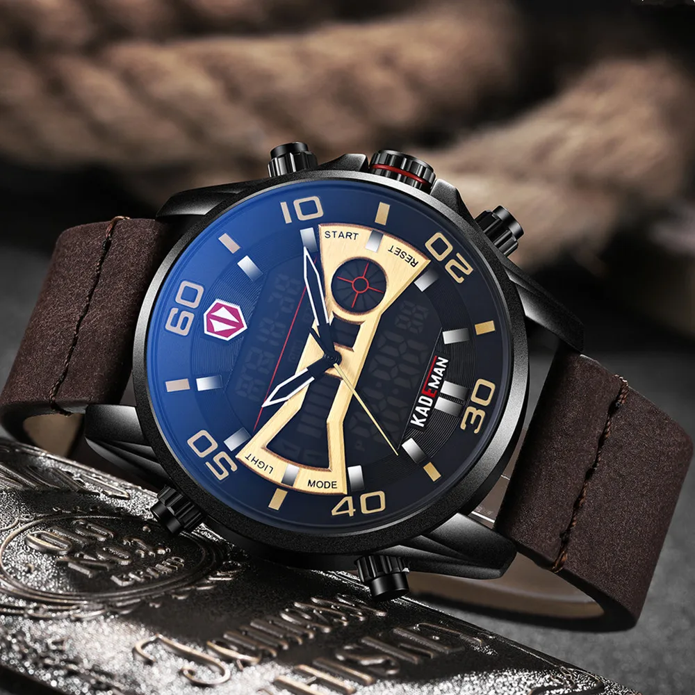 Koop KADEMAN 2019 Mannelijke Horloge Militaire Sport Quartz Horloges Waterdicht Datum Dual Display Horloge Leer Klok Relogio Masculino