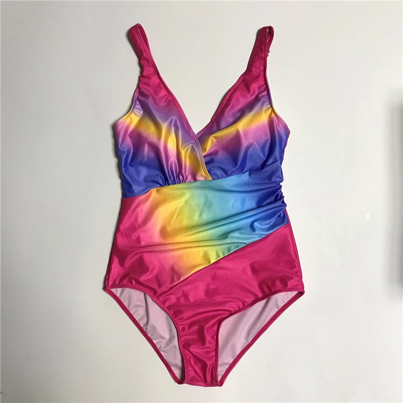 Sexy Rainbow Print One Piece Swimsuit Swimming Suit for Women Beach Wear Bathing Swimwear Bikini Woman Clothes Plus Size XXXXL - Цвет: Rose Red Multicolor