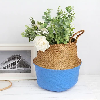 

Handmade Seagrass Belly Storage Basket Straw Basket Wicker Basket Storage Bag White Garden Flower Pot Planter