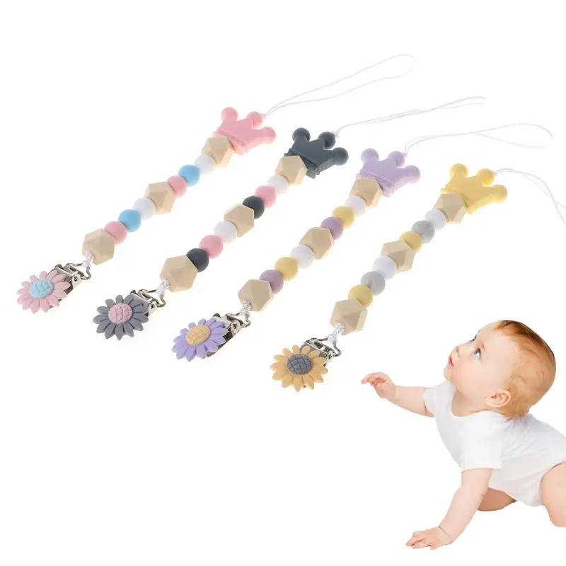 

Pacifier Chain Food Grade Silicone Wood Beads Crown Cartoon Flower Pendant Strap Nipple Teether Towel Support Newborn Supplies