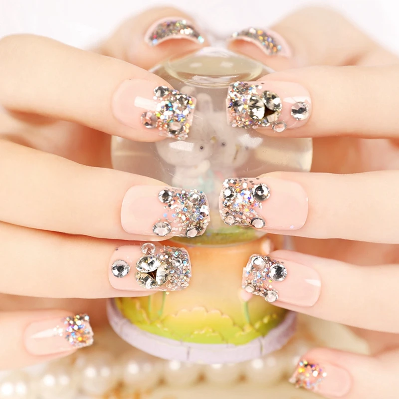 24 PCS Shining Rhinestone Gem French False Nails Square Light Pink Fake