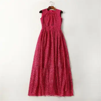 

Women Long Dress 2018 High Quality Runway O-neck Sleeveless Sequins Red Ladies Dresses DX0438N