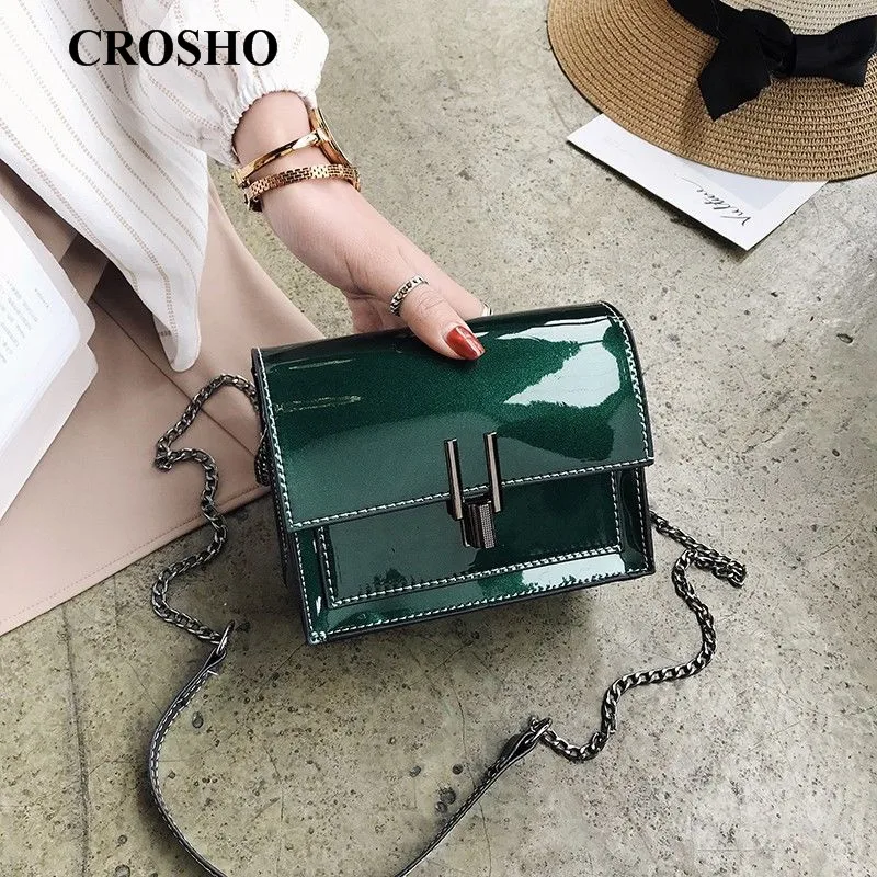 

CROSHO New Fashionable Metallic Bright Chain Chain Patent Leather Lock Buckle Small Square Bag Single Shoulder Cross Body Bag