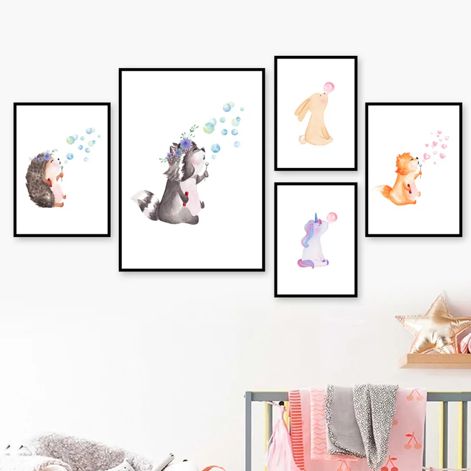Rabbit-Fox-Raccoon-blowing-bubbles-Wall-Art-Canvas-Painting-Nordic-Posters-And-Prints-Decoration-Pictures-Baby