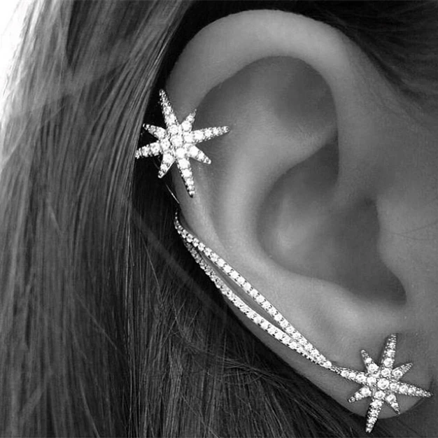

2018 New Hot Fashion Brincos Oorbellen Bijoux Star Snowflake Crystal Earrings Asymmetric Luxury Clip Earrings For Women Jewelry