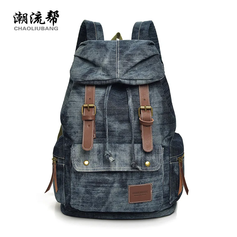 Manufacturers wholesale students'schoolbags Vintage canvas water-washed jeans shoulder backpacks men's bags college leisure