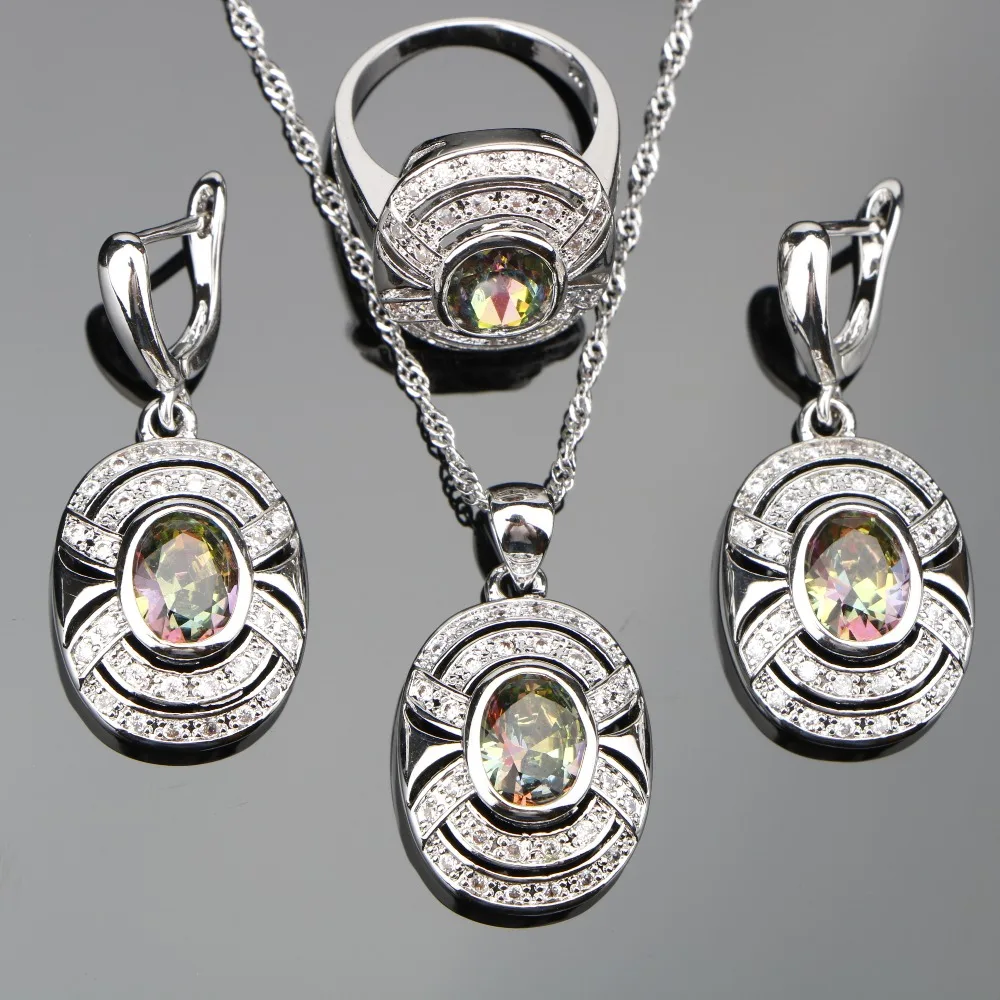 

2018 Magic Rainbow Stones 925 Silver Jewelry Sets Women Wedding Zircon Earrings Rings Pendants&Necklaces Set jewelery Gift Box