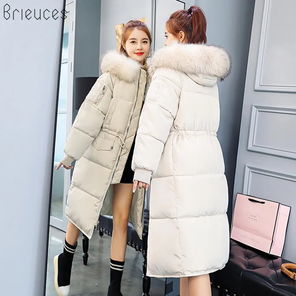 Brieuces Big Fur 2018 Long Parkas Female Women Winter Coat Thick Down Cotton Winter Jacket Womens Outwear Parkas for Women