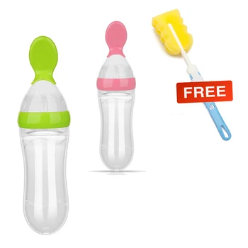 

Free Brush + 100% Silica gel Harmless Material Baby Feeding Bottle 90ML Training Scoop Rice Cereal Baby Food Storage Feeder Safe