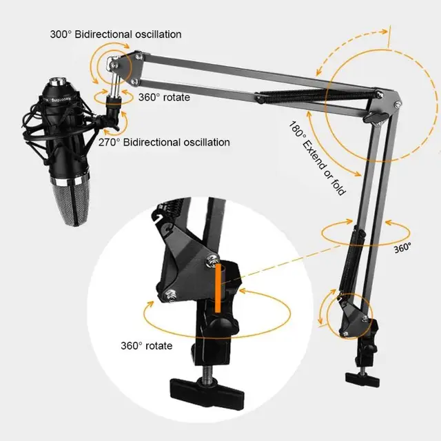 vanpower Metal Adjustable Mic Desk Stand Live Radio Recording Microphone Phone Foldable Stand Holder Metal Material Loading