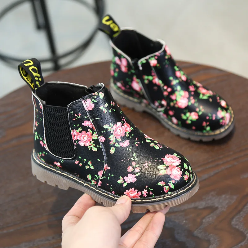 Girls Spring Flowers Boots Teenage Short Leather Boots Girls Leather Shoes