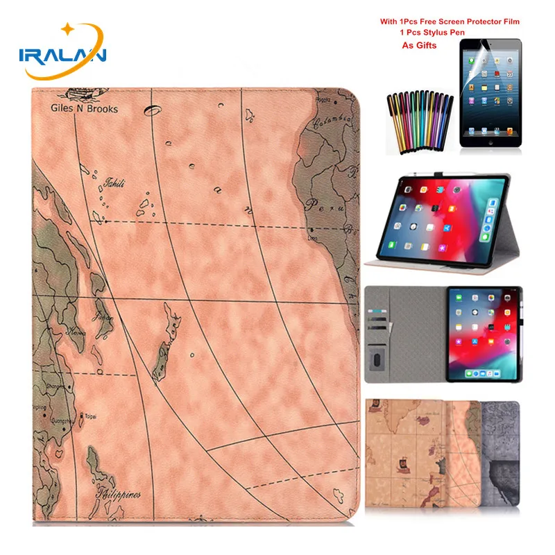 

World Map Pattern Flip Smart Awake Sleep Leather Case for Apple iPad Pro 12.9 2018 A1876 A1895 Cover Funda+Screen film+Stylus