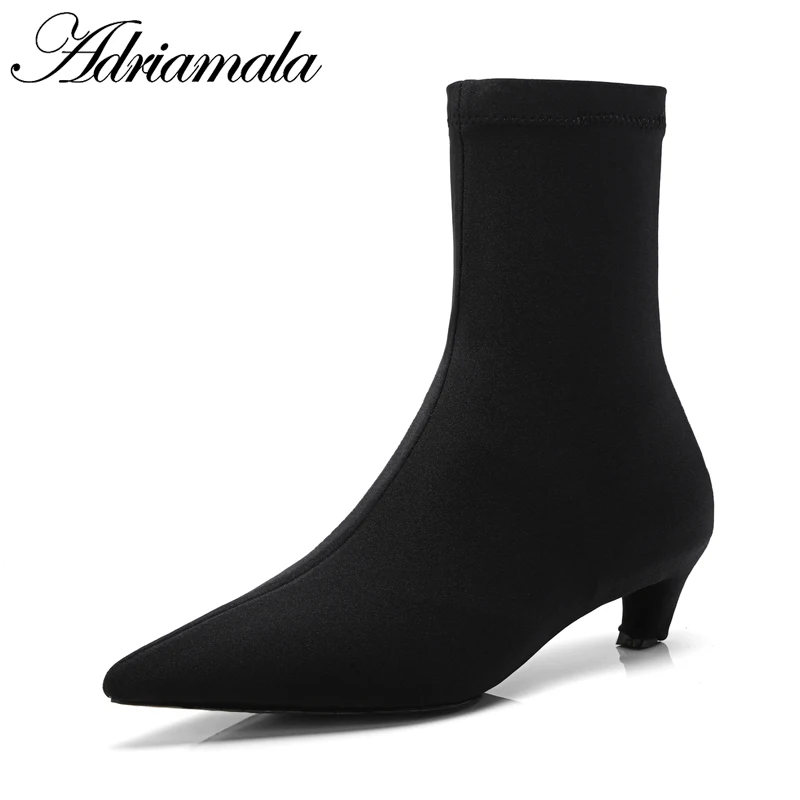 

2018 Stretch Fabric Black Ladies Black Mid Calf Boots Slip-on Motorcycle Boots Pointed Toe Thin Heels Women Shoes Adriamala