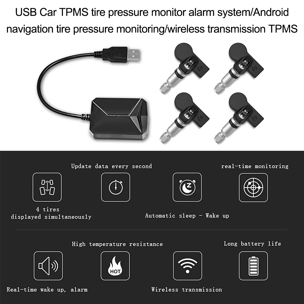 USB для салона автомобиля TPMS шин Давление мониторинга Системы цифровой ЖК-дисплей Дисплей Авто охранной сигнализации Системы s Беспроводной с Сенсор 4 шт./комплект