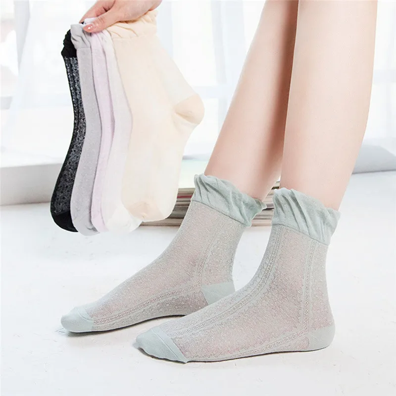 1 Pair Summer Solid Color Ice Silk Ultra Thin Mesh Lace Women Socks