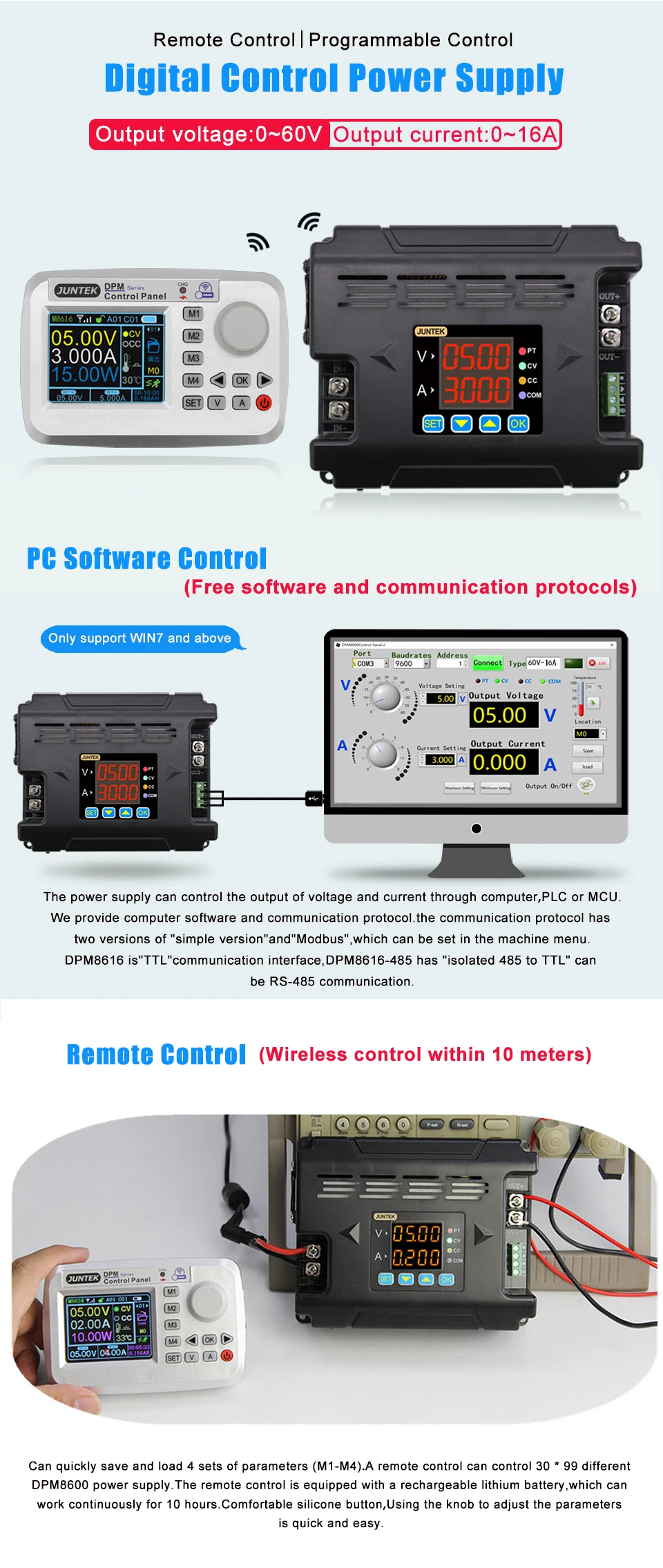 JUNTEK dmm8616 постоянное напряжение тока dc-dc понижающее Дистанционное цифровое управление связью блок питания понижающее напряжение 60 в 16А