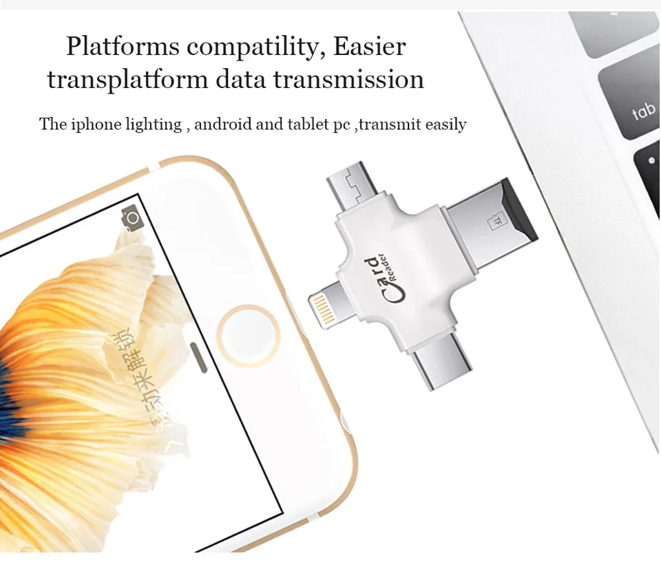 BASEQI 4 в 1 type-c/Lightning/Micro USB/USB 2,0 считыватель карт памяти Micro SD кардридер для Android Ipad/iphone OTG ридер