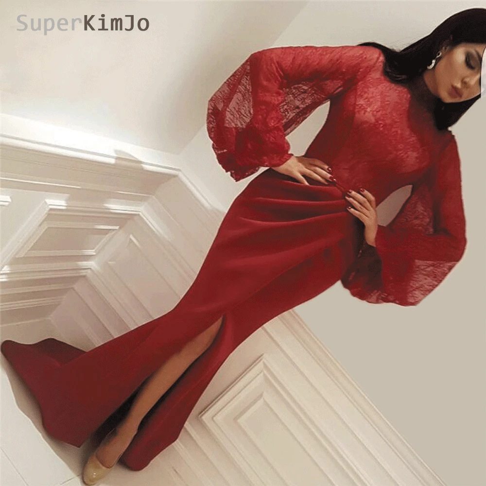 SuperKimJo Vestido Longo с расклешенными рукавами Вечерние платья Кружева с высоким воротом бордовый арабский вечернее платье De Soiree