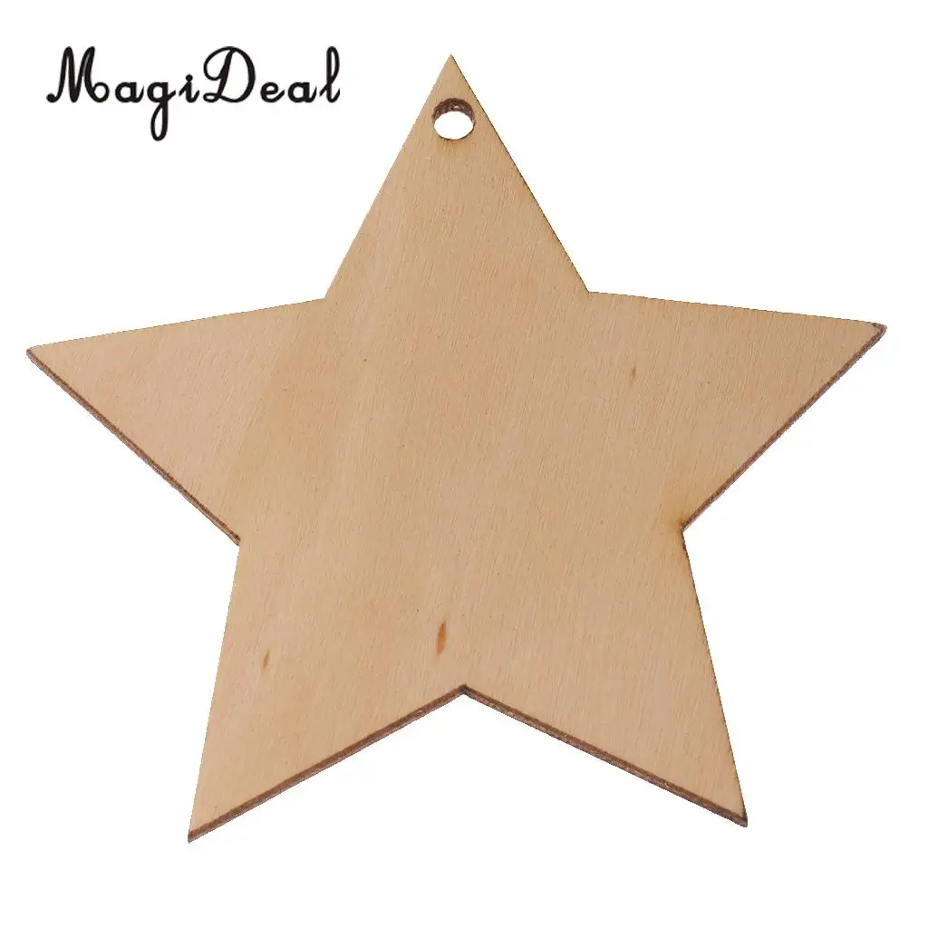 MagiDeal Unfinished 10Pcs Wood Five Pointed Star Shapes Tags Craft Embellishment & Twine DIY for Decoupage Print Paint Project