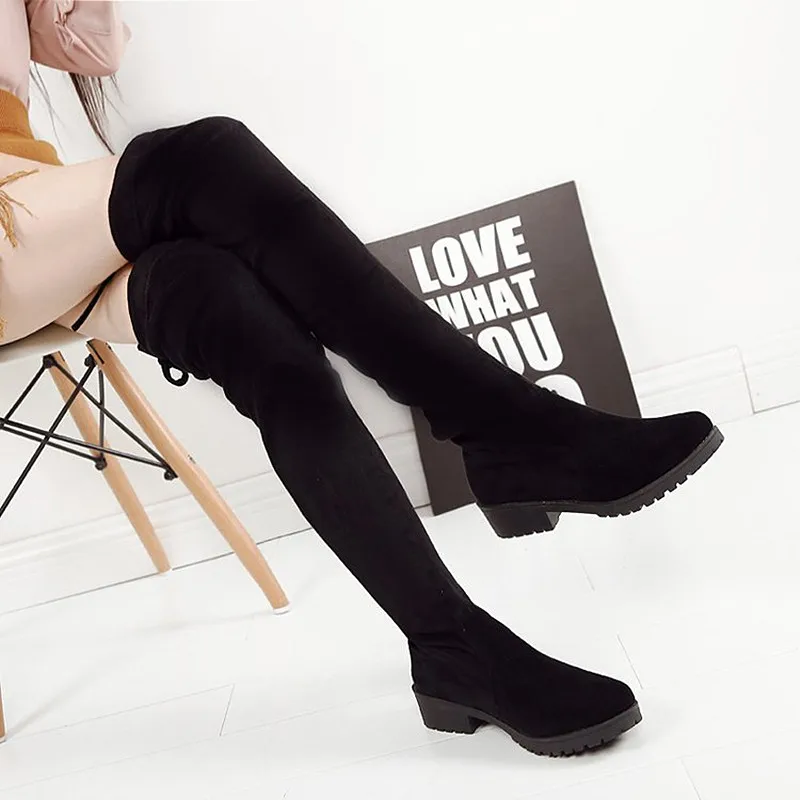 

Thigh High Boots Female Winter Boots Women Over the Knee Boots Flat Stretch Sexy Fashion Shoes 2018 Black 35-40