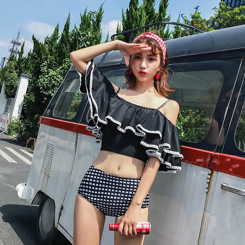 

Bandeau Swimwear Women Off Shoulder High Waist Swimsuit 2018 Ruffles Separated Swim Wear Biquini Sexy Grid Bathing Suits 3PCS