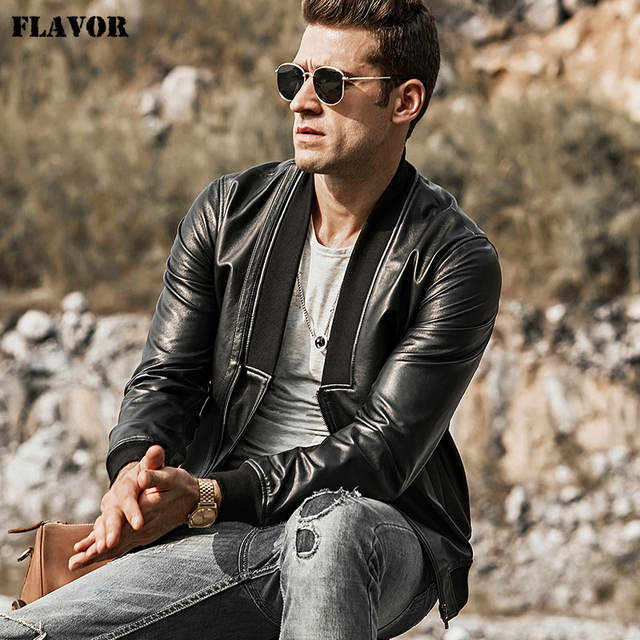 FLAVOR Men’s Real Leather Motorcycle Jacket Men Lambskin V-Neck collar Genuine Leather Jacket