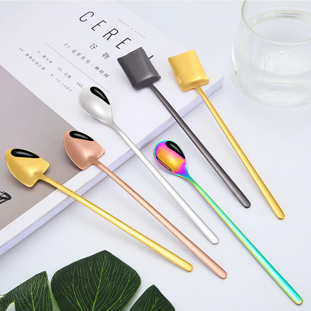 

1Pcs Stainless Steel Square Head Coffee Tea Spoon Colorful Long Handle Cocktail Honey Mixing Spoons Kitchen Tableware Bar Tools