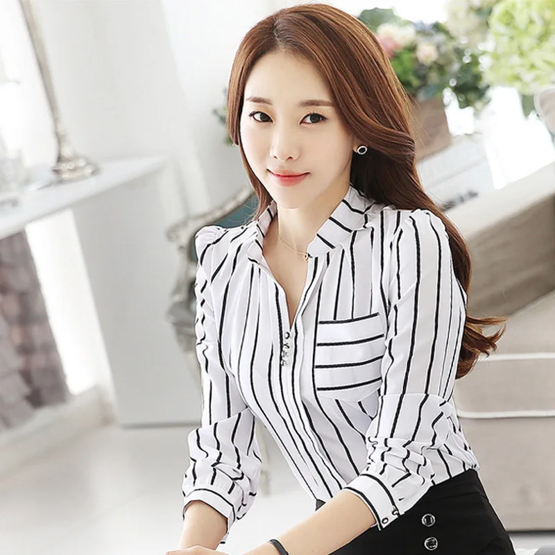 

BIG SIZE S-4XL Lady Striped Fashion Blouses 2016 New Korean Elegant Women OL Casual Clothing V-Neck Career Shirts