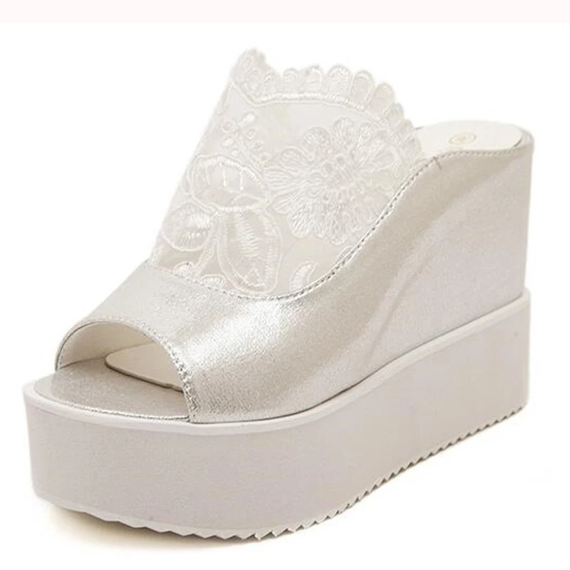 2016 Women White Sandals High Heels Peep Toe Lace Decor Elegant Comfort Wedge Platform Sandals 