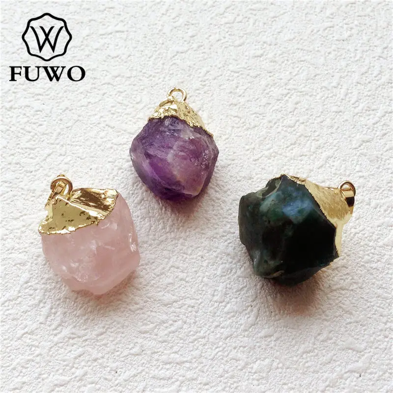 

FUWO Natural Rose Amethysts Quartz Pendant With 24K Gold Color Plated Fashion Hand Carved Agates Stone For DIY Making PD162