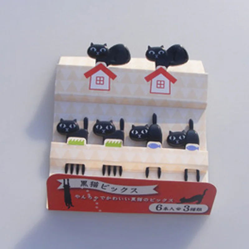 FHEAL New 6Pcs Mini Animal Fork Fruit Picks Cute Cartoon Black Cat Children Fork Toothpick Bento Lunch Box Decor Accessories  (12)