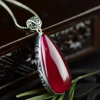 

5.8cm 925 Sterling silver necklace Vintage red corundum Natural semi-precious stone drop shape pendant jewelry Girlfriend gift