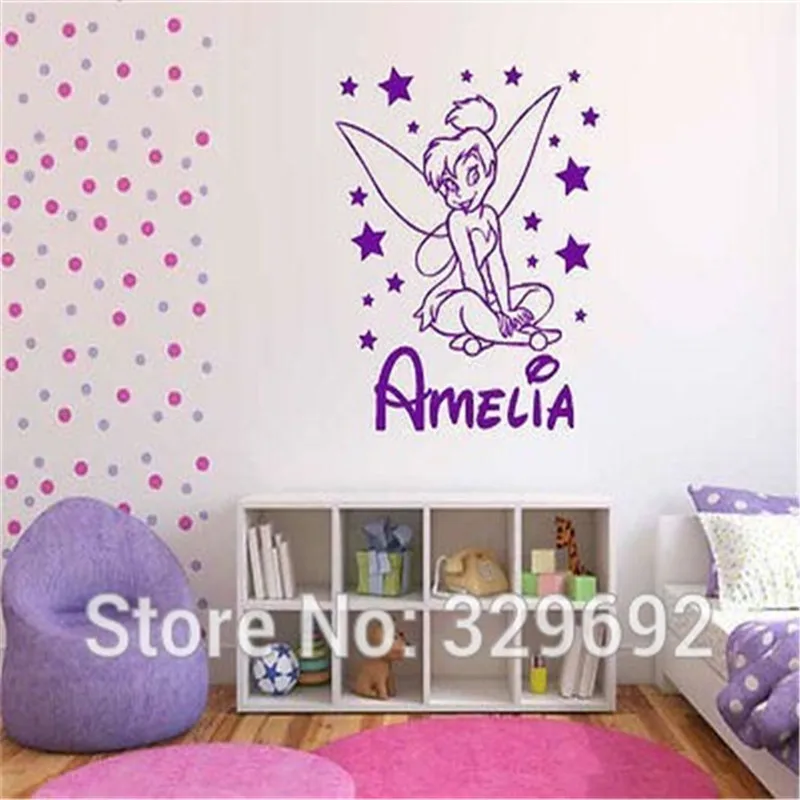 

free shipping DIY Name Customized vinly tinkerbell Wall Stickers for kids rooms Wall Art Decal girls Home Decoration Wall Mural