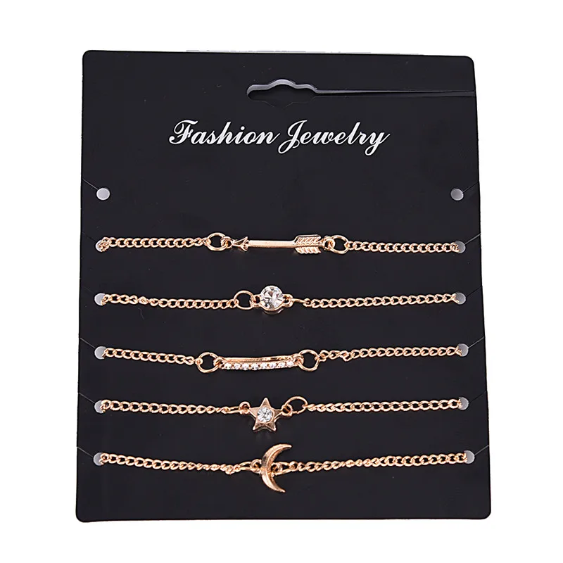 

5pcs/set Gold Color Vintage Crystal Bracelet Set Star Moon Arrow Bohemian Alloy Link Chain Bracelets Set For Women