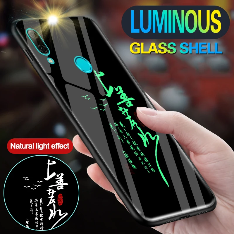 

Tempered Glass Chinese Text Luminous Cases For Huawei P Smart FIG-LX1 Luxury Shine Case Cover For Huawei P Smart Plus 2019