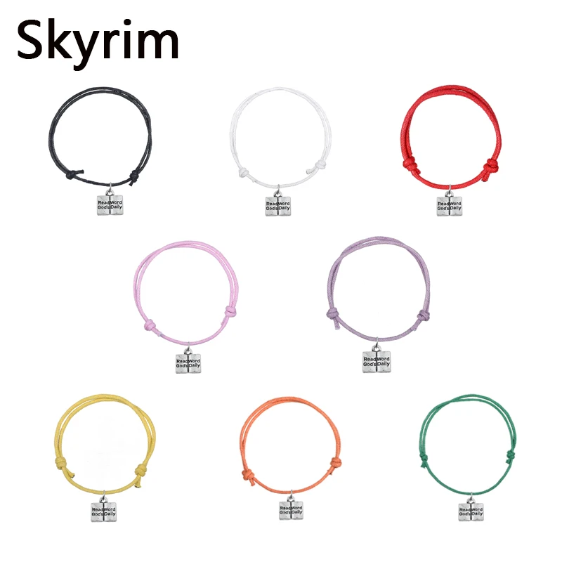 

Skyrim 10pcs/lot Adjustable Fashion Korea Wax Cord Bracelet Book Type With Alphabets Charm Classic Bracelets Eight Colors
