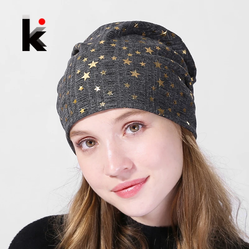 

Women's Beanies Hat Autumn Cotton Bronzing Stars Bonnets Cap Ladies Solid Comfortable Skullies Beanie Women Fashion Spring Hat