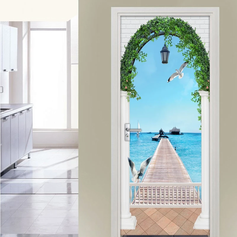 

Sea View Poster Door Stickers DIY 3D Mural Living Room Bedroom Home Decor PVC Self-adhesive Waterproof Door Sticker Wall Decals