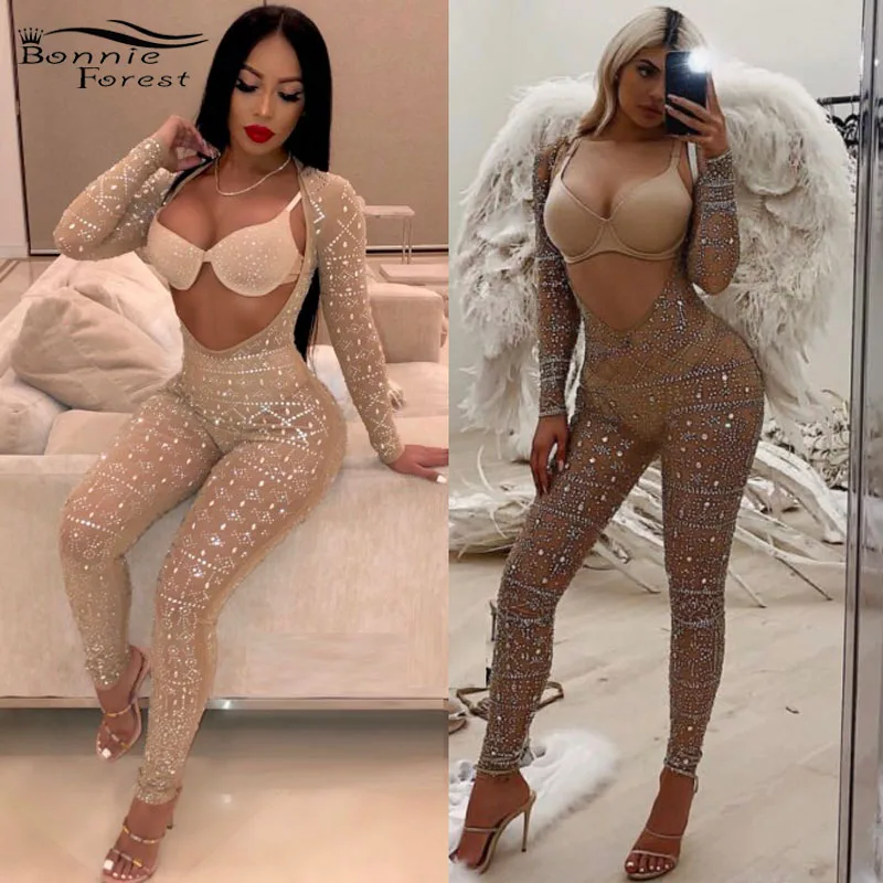

Bonnie Forest Sexy Cut Out Rhinestone Studded Embellished Mesh Jumpsuit Glitter Crystal One Piece Jumpsuit Romper Party Outfits