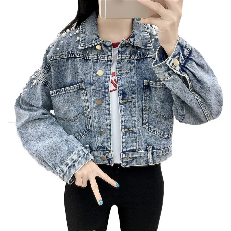 

Vintage Pearls Beading Jean Jacket Women 2019 Spring Long Sleeve Pockets Denim Jackets Female Loose Outwear